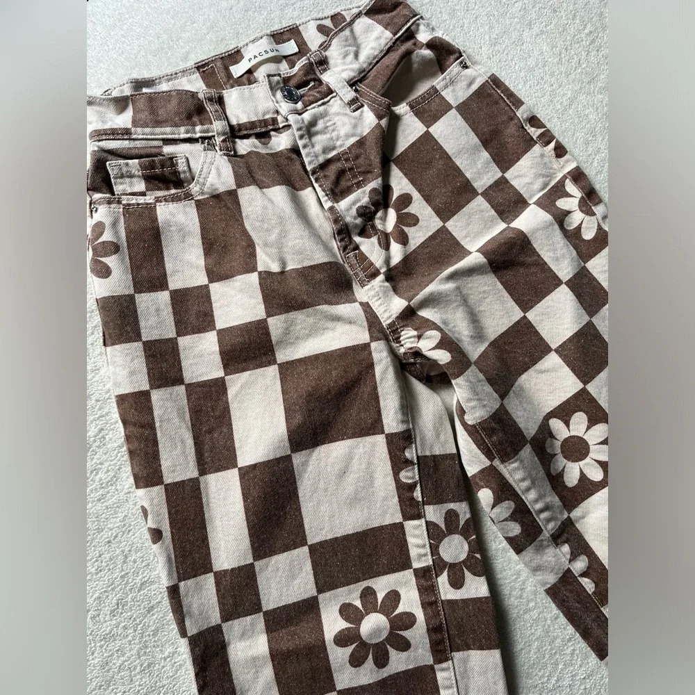 Pacsun Jeans Womens 22 (XS) Eco Flower Checkerboard Button Fly High Rise Frayed - Picture 4 of 9